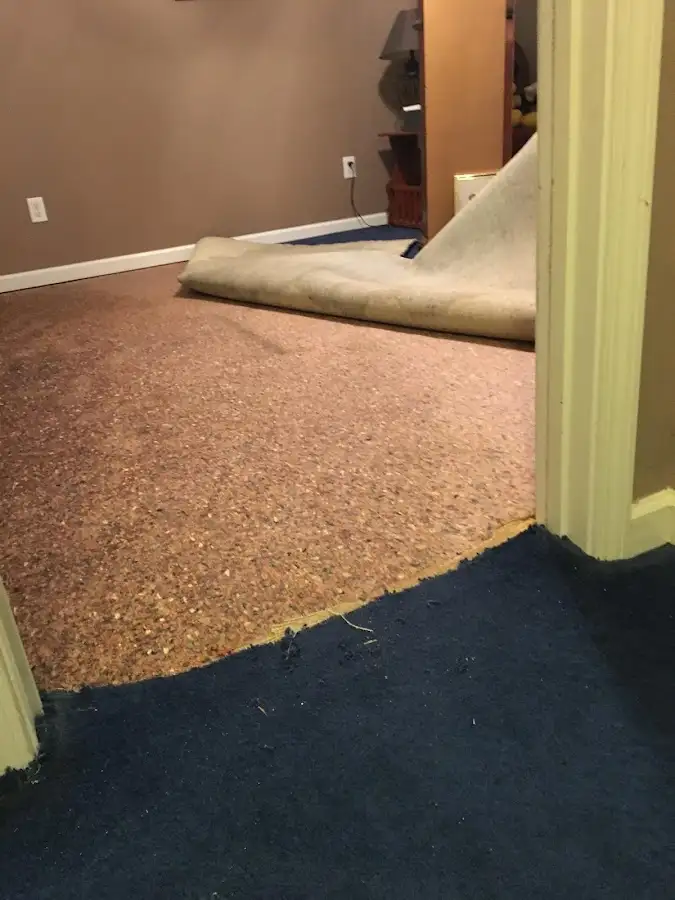 Carpet pad removal revealing water damage during Drying & Dehumidification in Taos